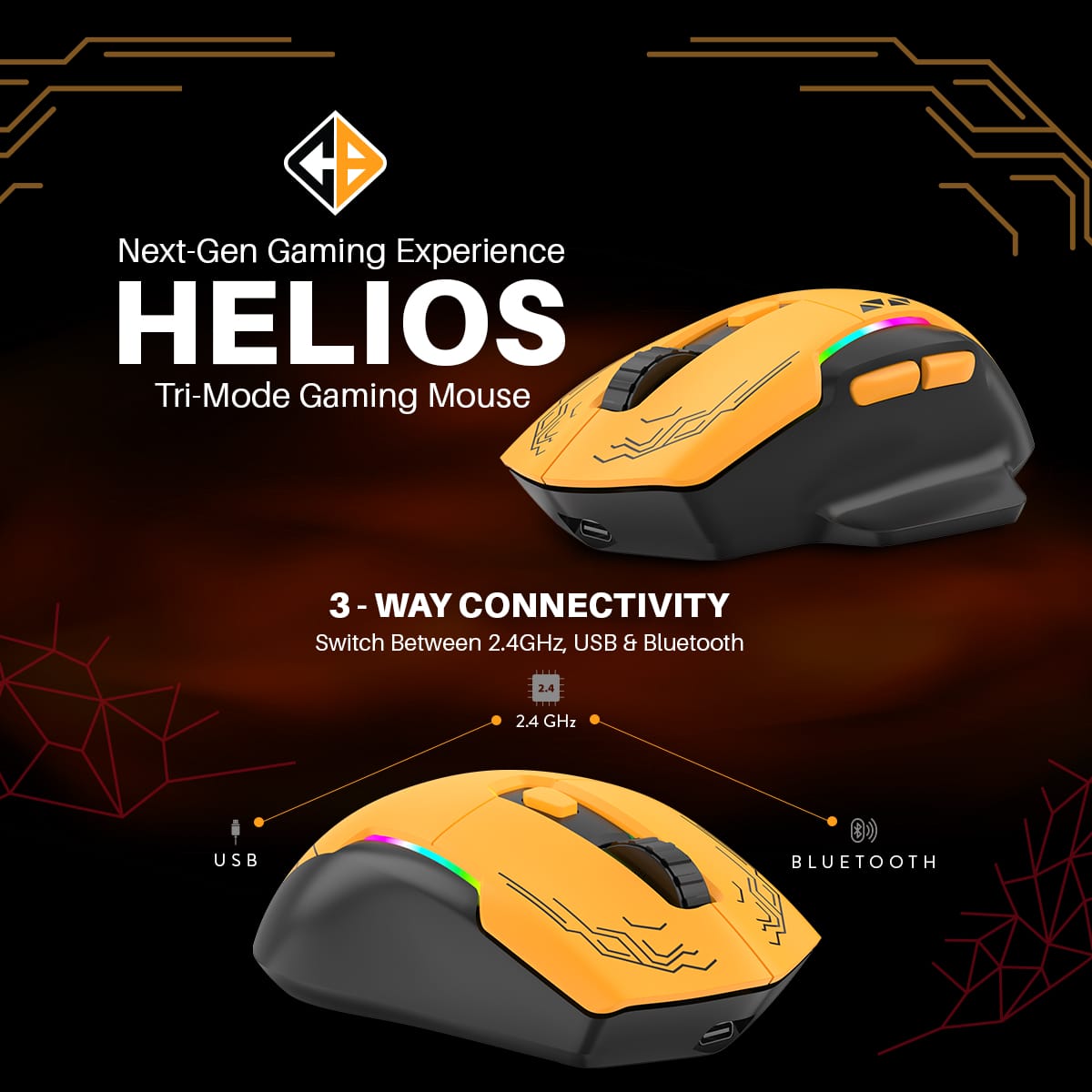 Cosmic Byte Helios Tri-Mode Mouse with Software Support, 1000Hz Polling Rate Black