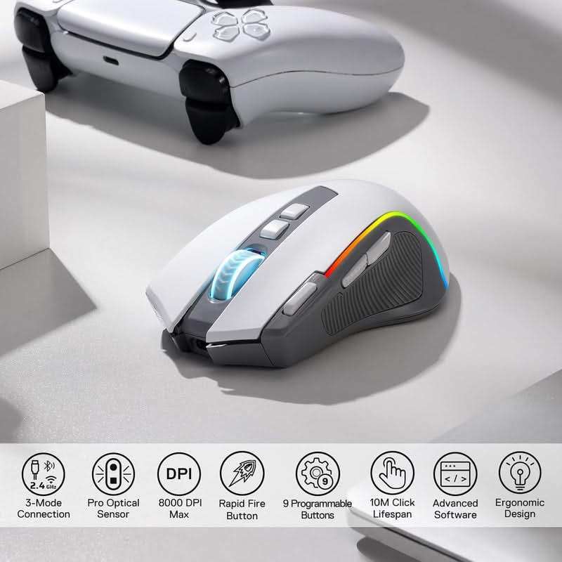 Redragon Predator Pro M612 PRO - RGB Wired, Wireless and Bluetooth Mouse (White and Grey)