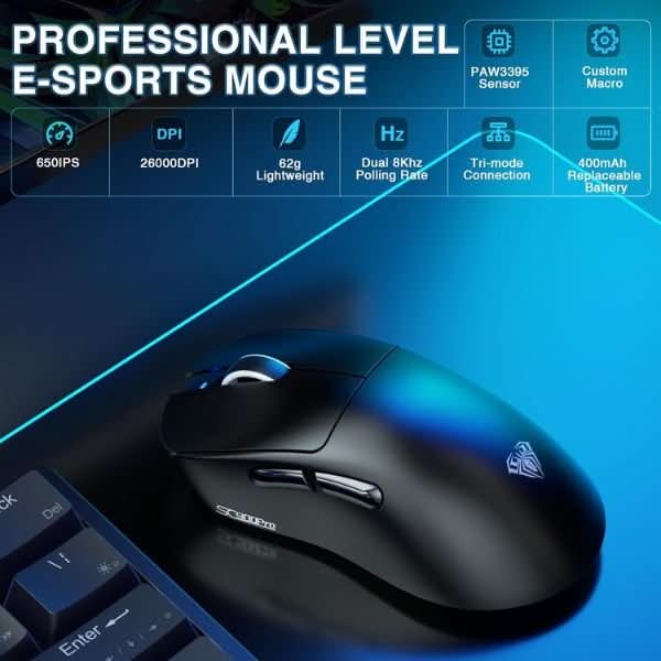 AULA SC900Pro Tri-Mode Wireless Gaming Mouse, PAW3395 Sensor, 26000 DPI, 8KHz Polling Rate, 62g, Black
