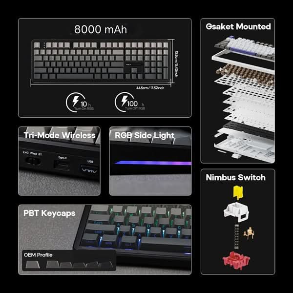 AULA F108 Tri-Mode Wireless Mechanical Gaming Keyboard, Gradient Grey, Nimbus Linear Switch, RGB Backlit, Hot-Swappable, Full Size
