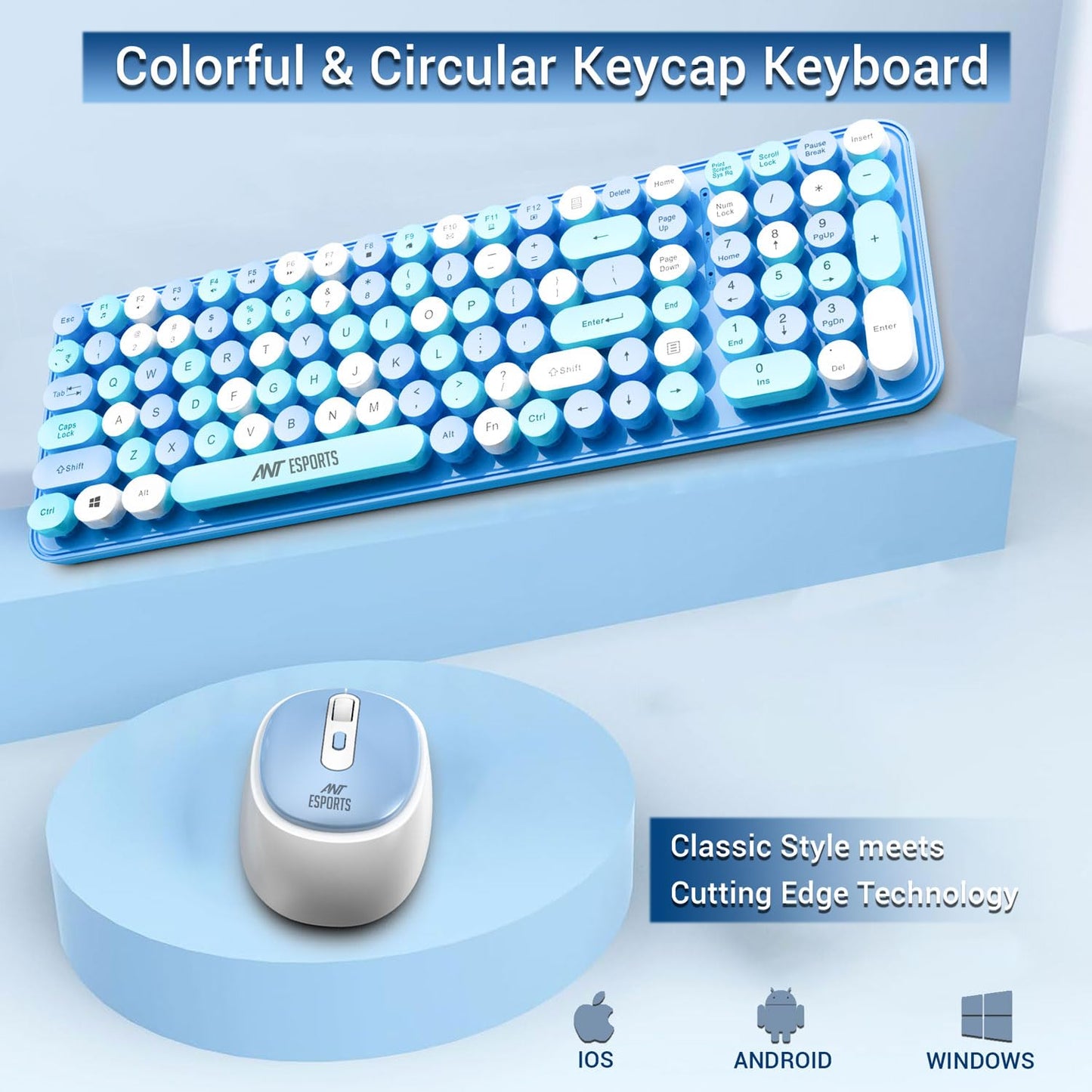 ANT ESPORTS WKM44 WIRELESS RETRO KEYBOARD AND MOUSE COMBO (BLUE GRAY)