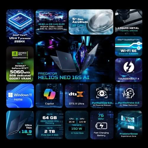 Acer Predator Helios Neo 16S Gaming Laptop, Intel Core Ultra 7, 16GB RAM, 1TB SSD, 16 Inch OLED Display, GeForce RTX 5060 8GB, Windows 11