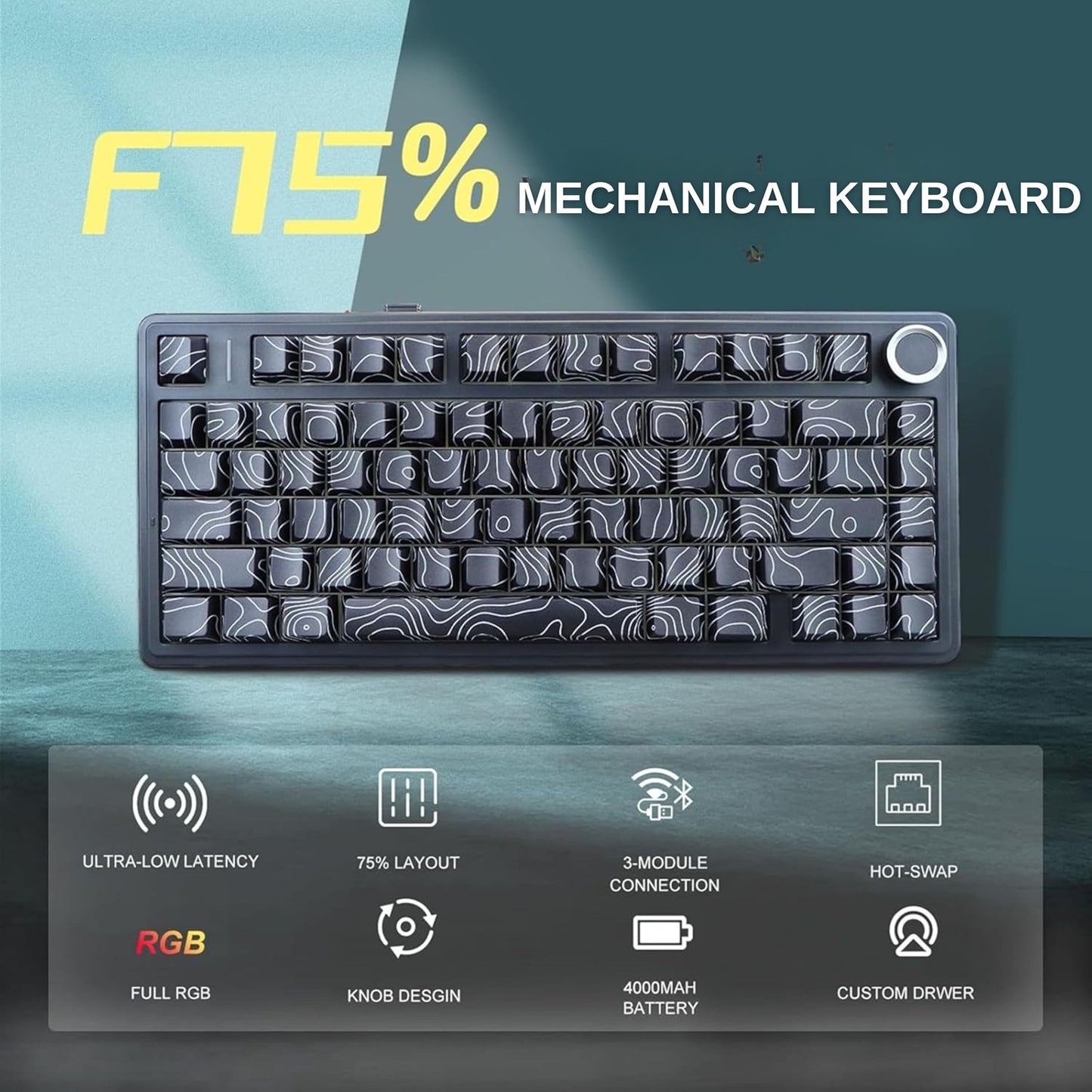 AULA F75 75% SIDE ENGRAVED TRI MODE TKL 80 KEYS WIRELESS MECHANICAL GAMING KEYBOARD WITH KNOB | 4000MAH BATTERY, SOUTH-FACING RGB BACKLIT PRE-LUBED HOT SWAPPABLE | BLACK CONTOUR - STAR VECTOR SWITCHES