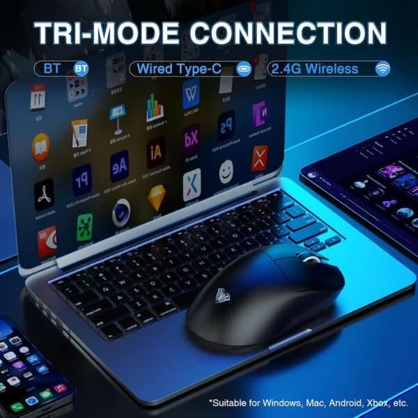 AULA SC900Pro Tri-Mode Wireless Gaming Mouse, PAW3395 Sensor, 26000 DPI, 8KHz Polling Rate, 62g, Black