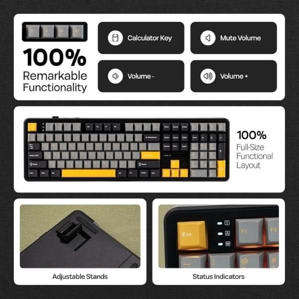 AULA F108 Tri-Mode Wireless Mechanical Gaming Keyboard, Grey and Yellow, Volcanic Axis Linear Switch, RGB, Hot-Swappable, Full Size