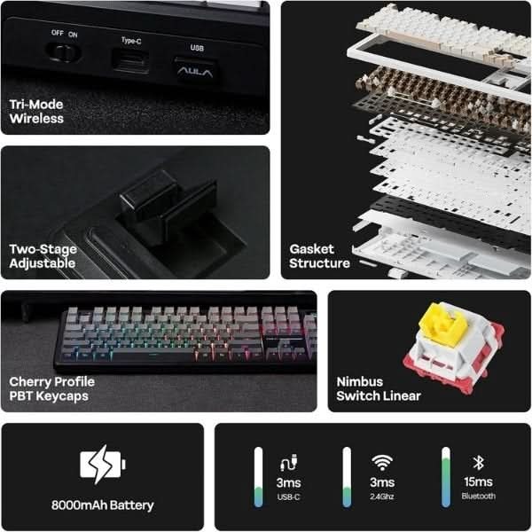 AULA F108 Pro Wireless Mechanical Gaming Keyboard, Gradient Gray, Nimbus Linear Switch, RGB, LCD Screen and Knob