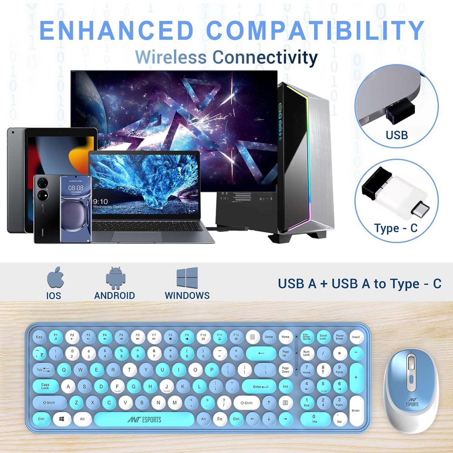 ANT ESPORTS WKM44 WIRELESS RETRO KEYBOARD AND MOUSE COMBO (BLUE GRAY)