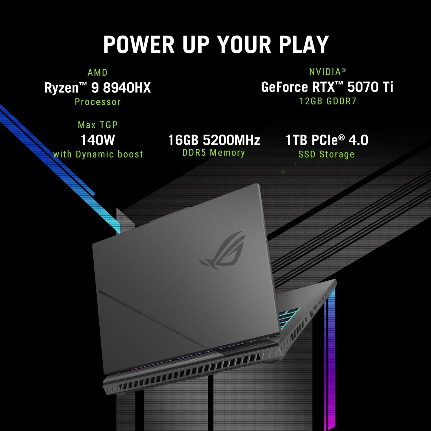 ASUS ROG STRIX G16, R9-8940HX UP TO 16 TOPS/RTX5070TI 12GB/DDR5 16GB/1TB PCIE 4.0 NVME M.2 SSD/16.0 WUXGA ANTI-GLARE NON-TOUCH,300NITS/B,SRGB 100%(165HZ),IPS-NB(RV)/BACKLIT CHICLET KEYBOARD 4-ZONE RGB WITH COPILOT KEY/90WHRS, 4S1P, 4-CELL LI-ION//GRAY