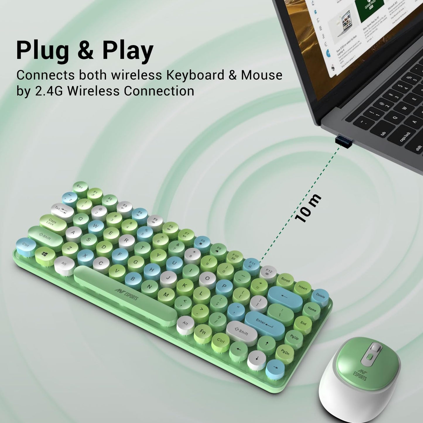 ANT ESPORTS WKM33 WIRELESS RETRO KEYBOARD AND MOUSE COMBO (APPLE GREEN) R-41211141, ETA-SD-20221009067, ETA-SD-20221009069