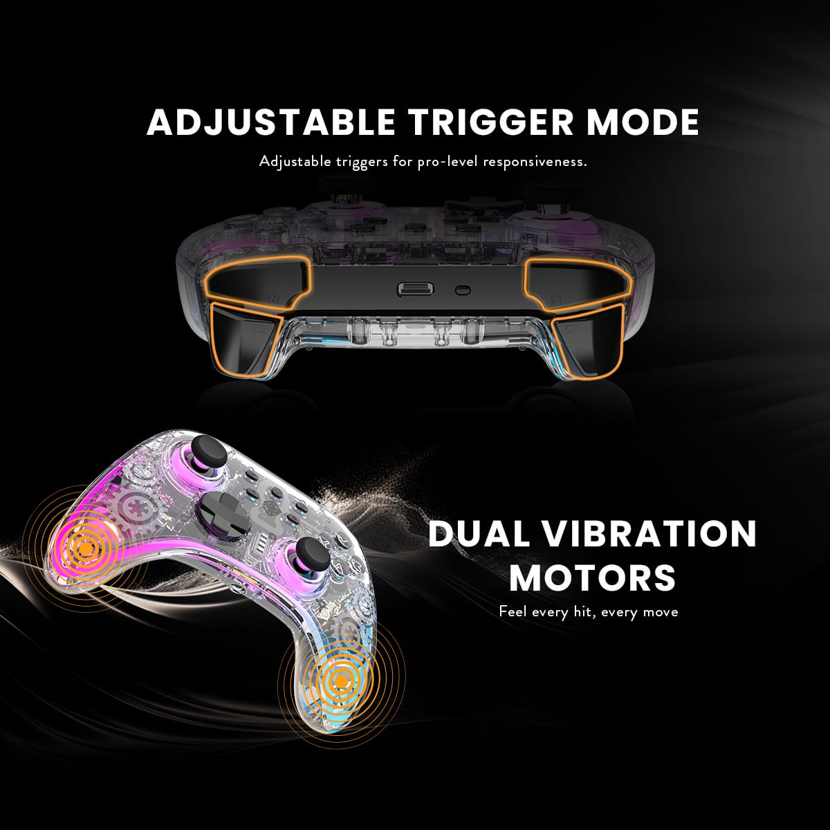 Cosmic Byte Stellaris Tri-Mode Wireless-Bluetooth-Wired Controller for PC, iOS, Android, Hall effect Trigger, Upgraded 1000Hz Polling Rate, TMR Joystick Transparent