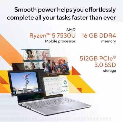 ASUS VIVOBOOK 16 (2023) AMD RYZEN 5 HEXA CORE 7530U - (16 GB/512 GB SSD/WINDOWS 11 HOME) M1605YA-MB542WS LAPTOP (16 INCH, COOL SILVER, 1.88 KG, WITH MS OFFICE)