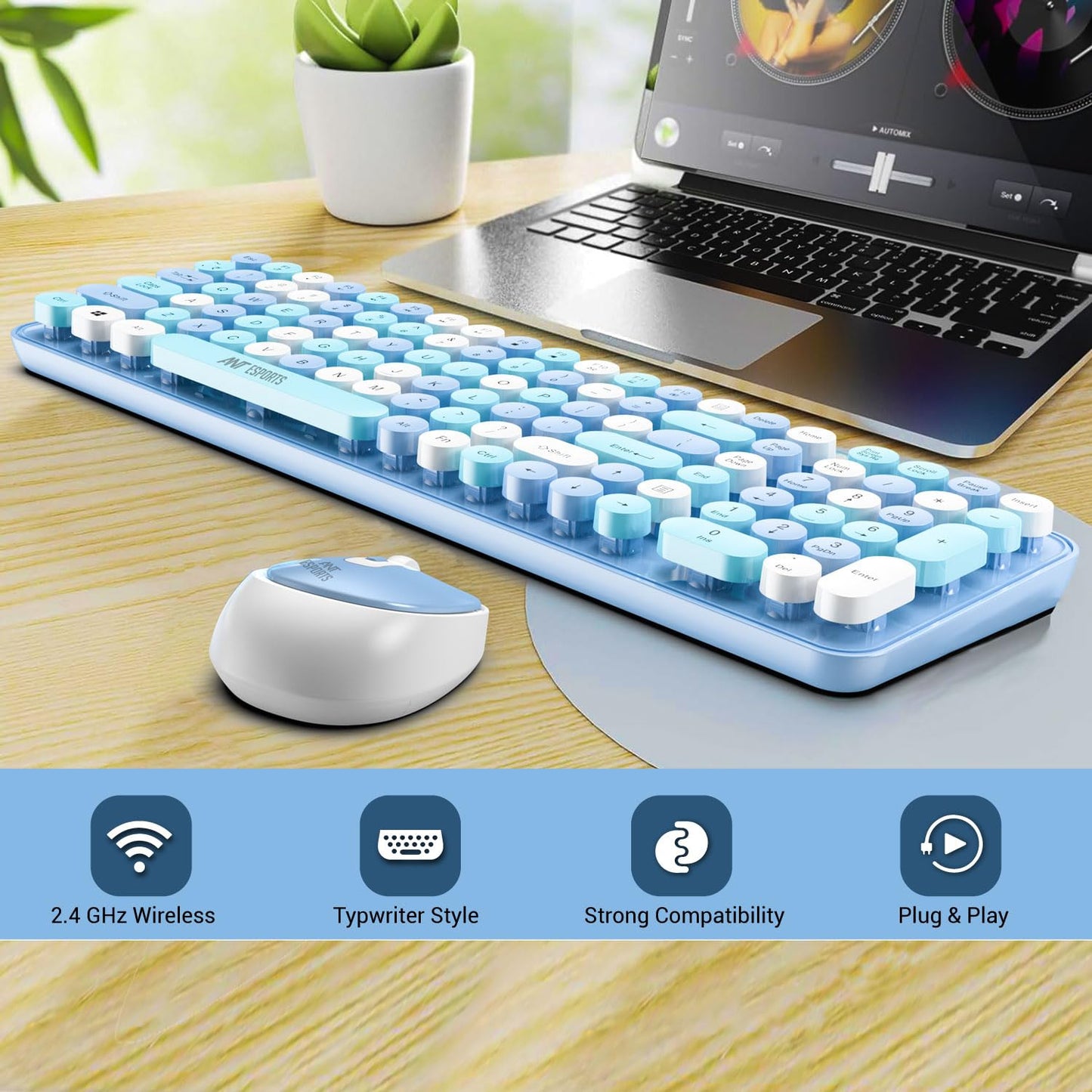 ANT ESPORTS WKM44 WIRELESS RETRO KEYBOARD AND MOUSE COMBO (BLUE GRAY)