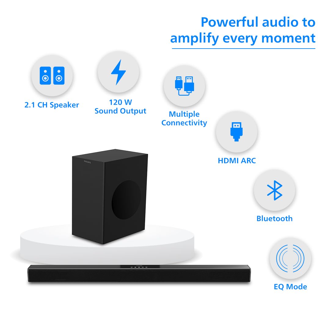 PHILIPS AUDIO TAB4218/94 2.1CH 120W BLUETOOTH SOUNDBAR WITH RICH BASS, 3 EQ MODES, MULTI-CONNECTIVITY OPTION WITH SUPPORTING USB, HDMI(ARC), OPTICAL, COAXIAL & AUX-IN (BLACK)