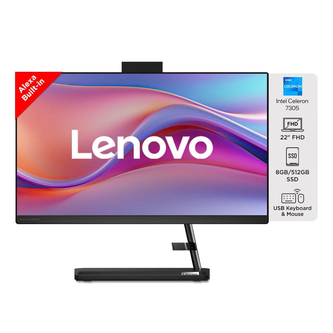 LENOVO IDEACENTRE AIO 3 INTEL CELERON 7305 22 INCH FHD IPS 3-SIDE EDGELESS ALL-IN-ONE DESKTOP WITH ALEXA BUILT-IN (8GB/512GB SSD/WIN11/HD 720P CAMERA/USB WIRED KEYBOARD & MOUSE), F0GG0061IN