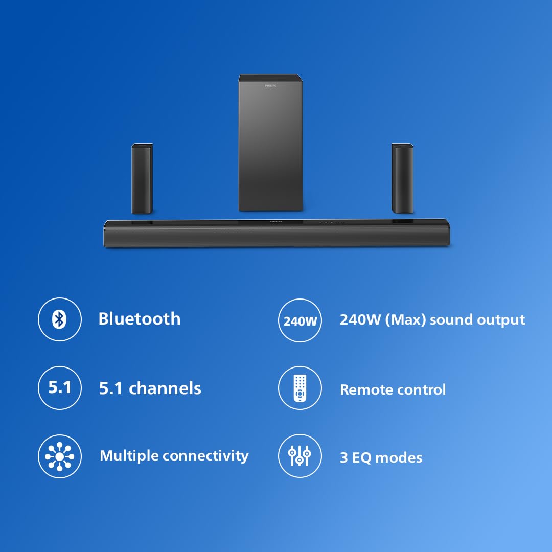 PHILIPS TAB4518 SOUNDBAR: 5.1 CH 240W WIRELESS SUBWOOFER & 2 REAR SATELLITE SPEAKERS, HDMI ARC, BLUETOOTH BASS BOOST, EASY SETUP