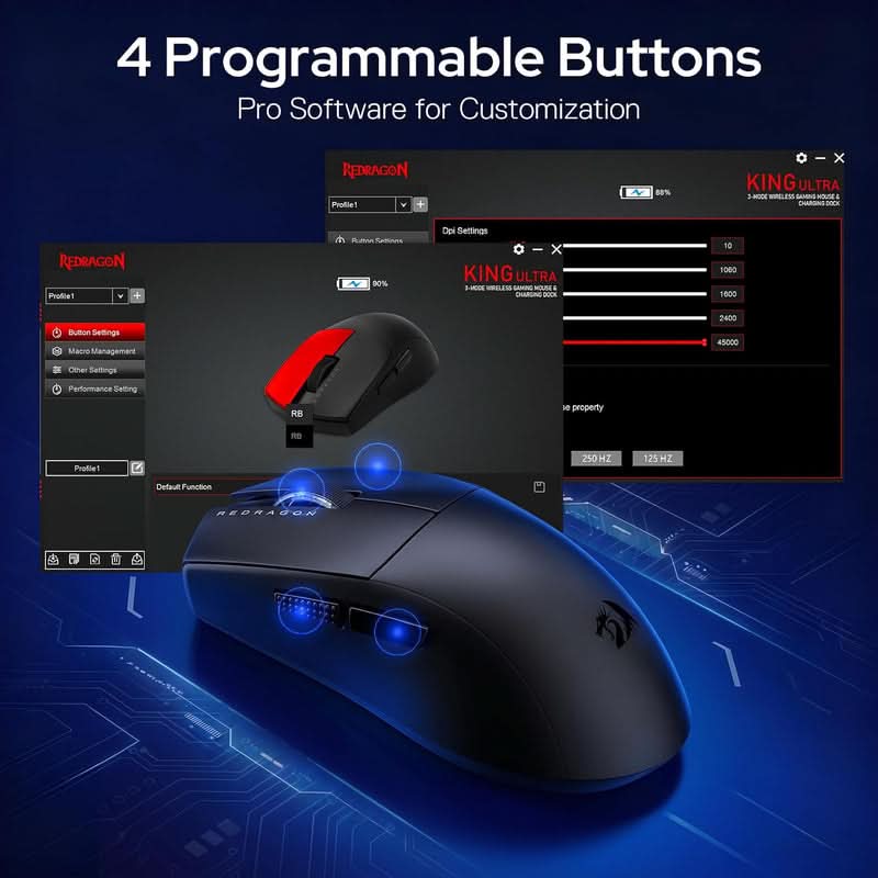 Redragon King Ultra M999 Tri-Mode Wireless Gaming Mouse with Magnetic RGB Charging Dock, 45000 DPI, Black