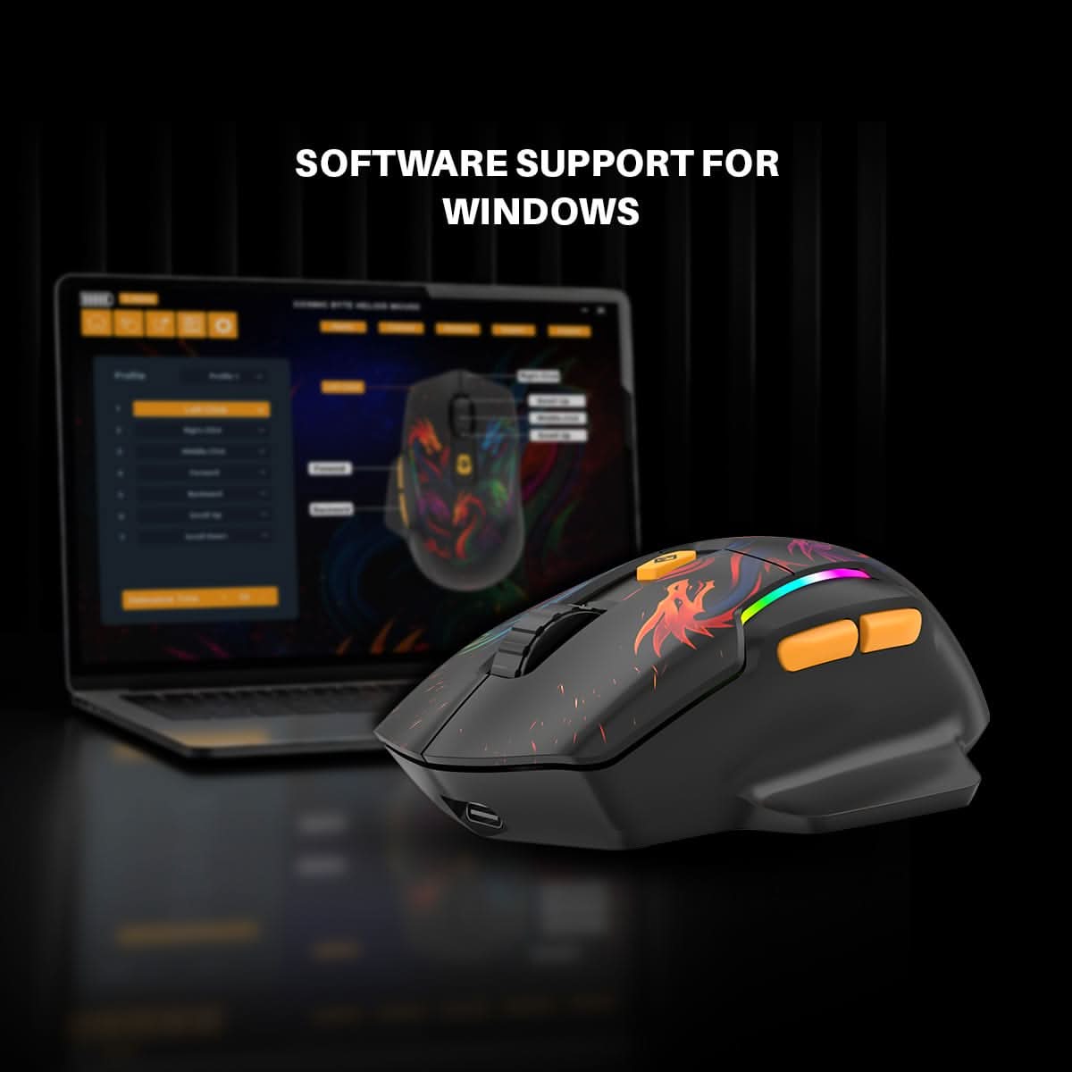 Cosmic Byte Helios Tri-Mode Mouse with Software Support, 1000Hz Polling Rate Dragon Edition Black