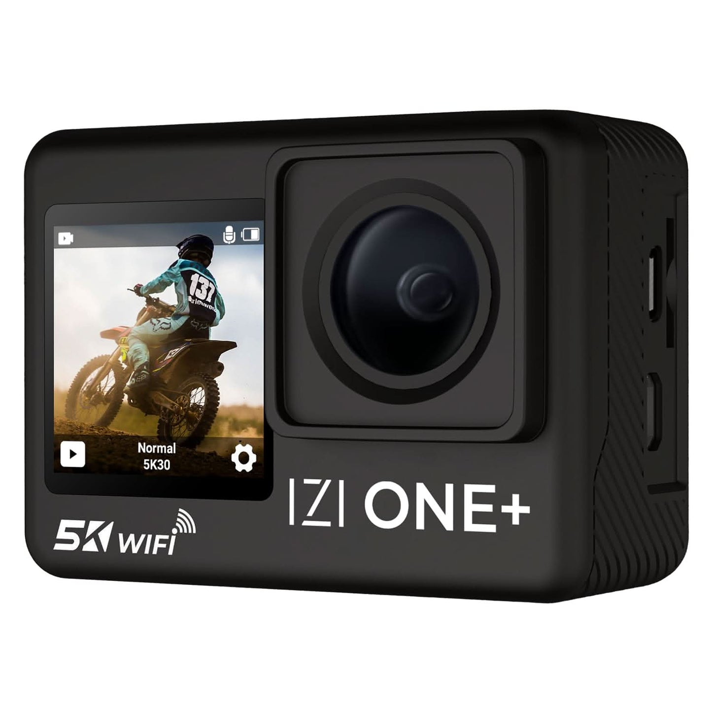 IZI ONE Plus 5K 48MP Action Camera - 6-Axis Gyro Stabilization, 110ft Waterproof, Vlogging, 170 FOV, WiFi, Dual Screen Video Camera, 2X 1350mAh Batteries, Fast C-Type Charge HQ External Mic
