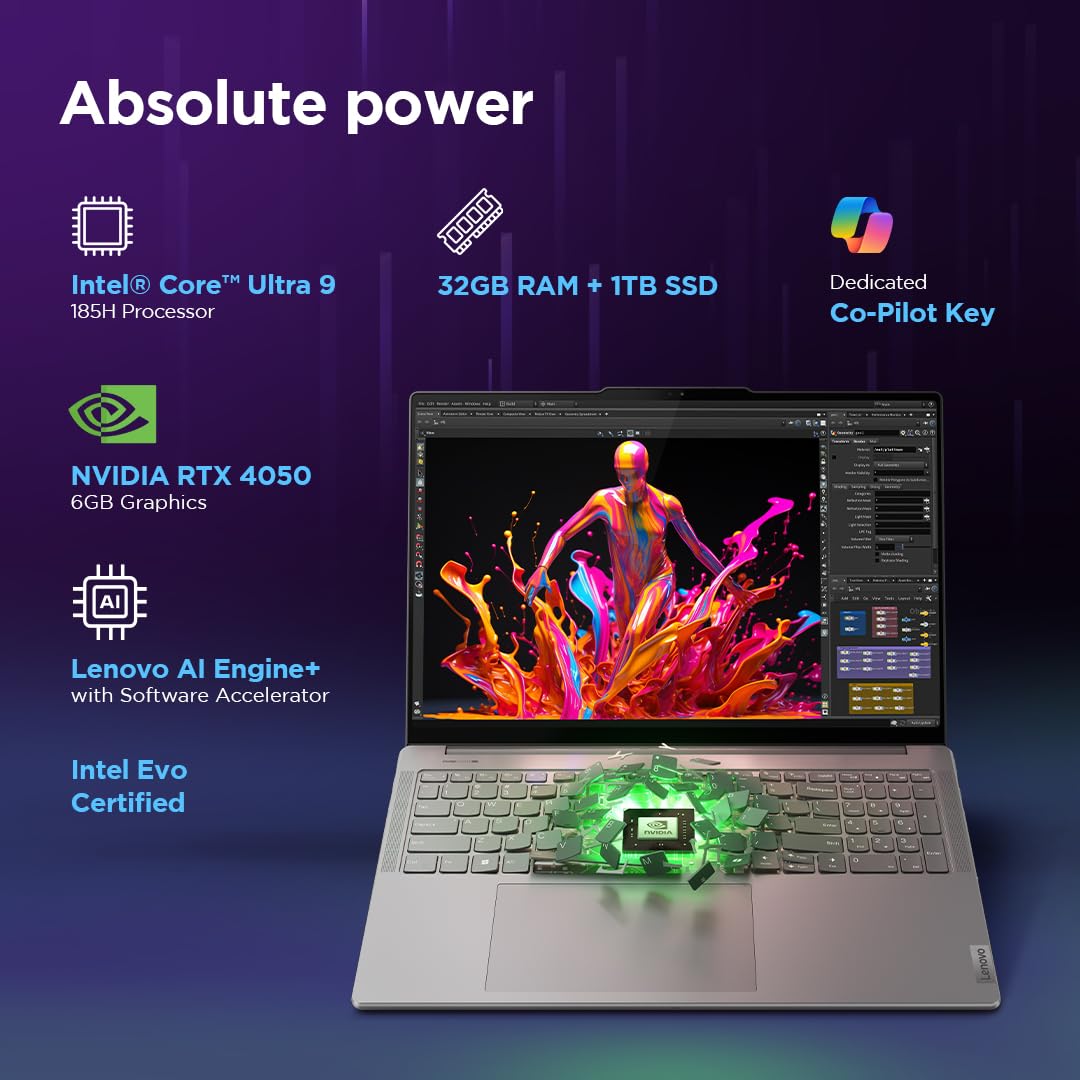 LENOVO YOGA PRO 9 INTEL EVO CORE ULTRA 9 185H BUILT-IN AI 16 INCH(40.6CM) 3.2K IPS 165HZ TOUCHSCREEN LAPTOP (32GB/1TB SSD/NVIDIA RTX 4050 6GB/WIN11/MSO 21/5.0MP+IR CAM/3 MON GAMEPASS/GREY/2KG), 83DN004VIN