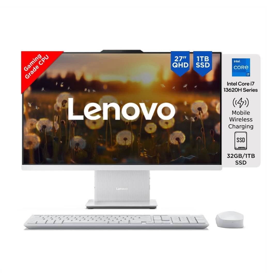 LENOVO IDEACENTRE AIO INTEL CORE I7 13620H 27 INCH QHD IPS 3-SIDE EDGELESS ALL-IN-ONE DESKTOP (32GB/1TB SSD/WIN11/OFFICE 21/5.0MP+IR CAMERA/3WX2 HARMAN SPEAKERS/WIRELESS EOS KEYBOARD & MOUSE), F0HM0067IN