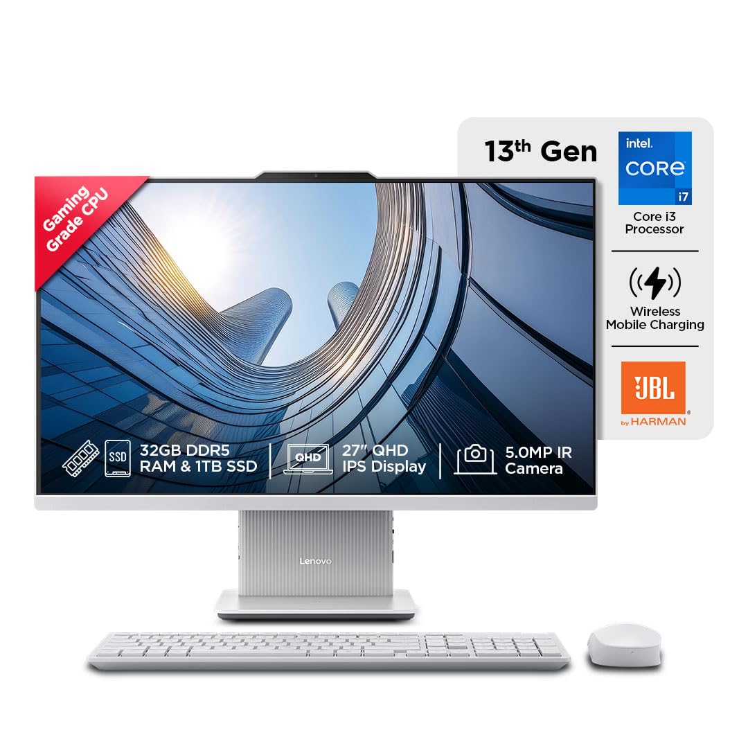 LENOVO IDEACENTRE AIO INTEL CORE I7 13620H 27 INCH QHD IPS 3-SIDE EDGELESS ALL-IN-ONE DESKTOP (32GB/1TB SSD/WIN11/OFFICE 21/5.0MP+IR CAMERA/3WX2 HARMAN SPEAKERS/WIRELESS EOS KEYBOARD & MOUSE), F0HM0067IN