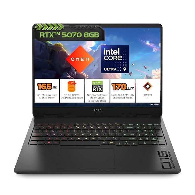 HP Omen, Intel Core Ultra 9 285H, 8GB RTX 5070, 32GB DDR5, 1TB SSD, 165Hz, 2k WUXGA, 3ms, 16 Inch 40.6cm, Win11, M365 Office24, Black, an0012TX, Unleashed Mode, RGB, AI Gaming Laptop