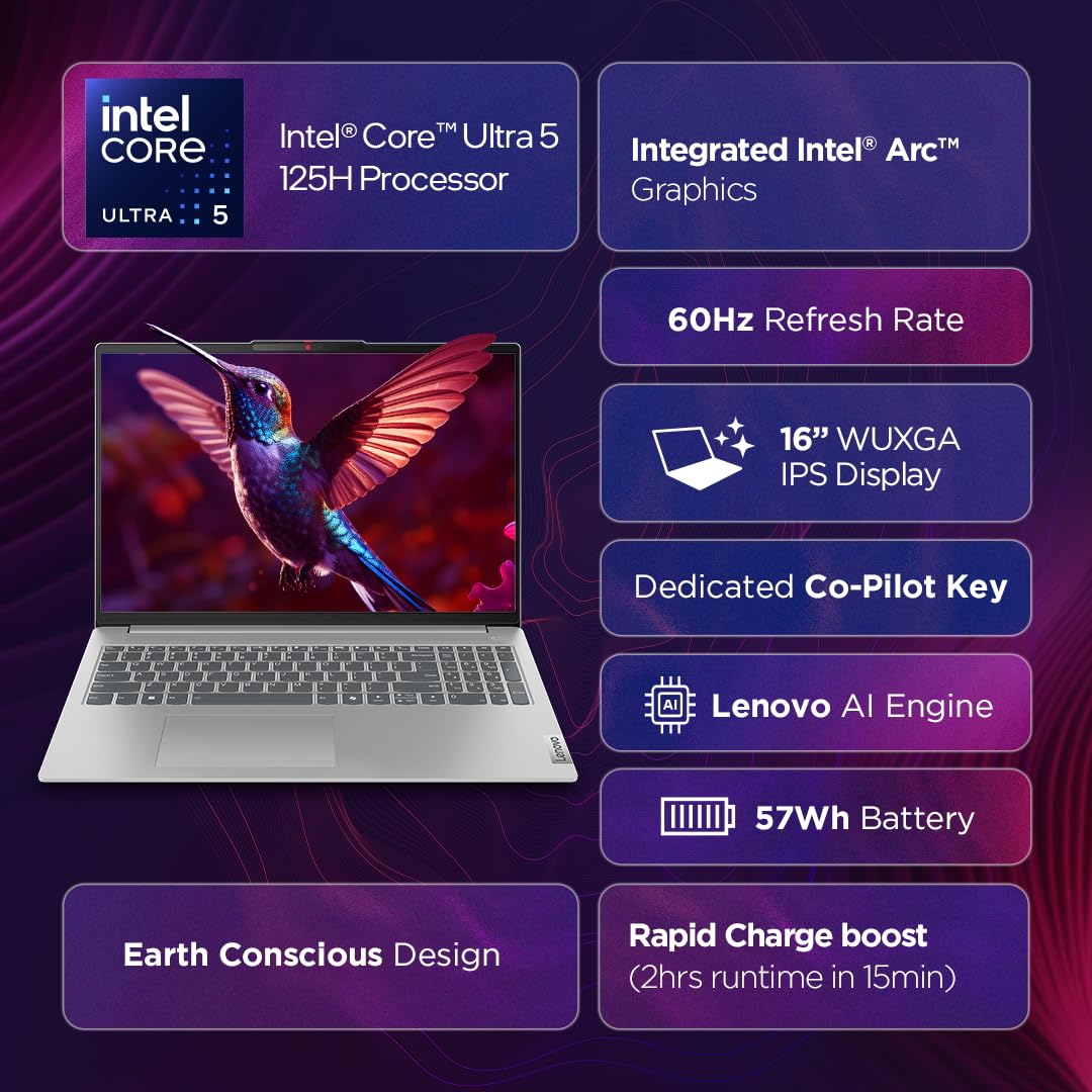 LENOVO IDEAPAD SLIM 5 INTEL CORE ULTRA 5 125H BUILT-IN AI 16 INCH (40.6CM) WUXGA-IPS 300NITS THIN & LIGHT LAPTOP (16GB/1TB SSD/WIN 11/OFFICE 21/FHD+IR CAMERA/ALEXA/3 MON GAMEPASS/GREY/1.8KG), 83DC0003IN