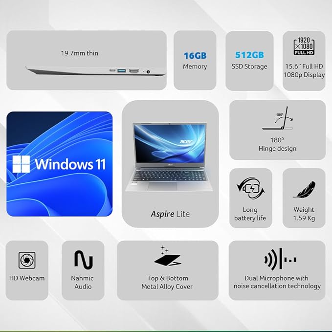 ACER ASPIRE LITE, 13TH GEN, INTEL CORE I3-1305U, 8GB RAM, 512GB SSD, FULL HD, 15.6"/39.62CM, WINDOWS 11 HOME, STEEL GRAY, 1.59KG, AL15-53, METAL BODY, 36 WHR, THIN AND LIGHT PREMIUM LAPTOP UN.34ESI.00D
