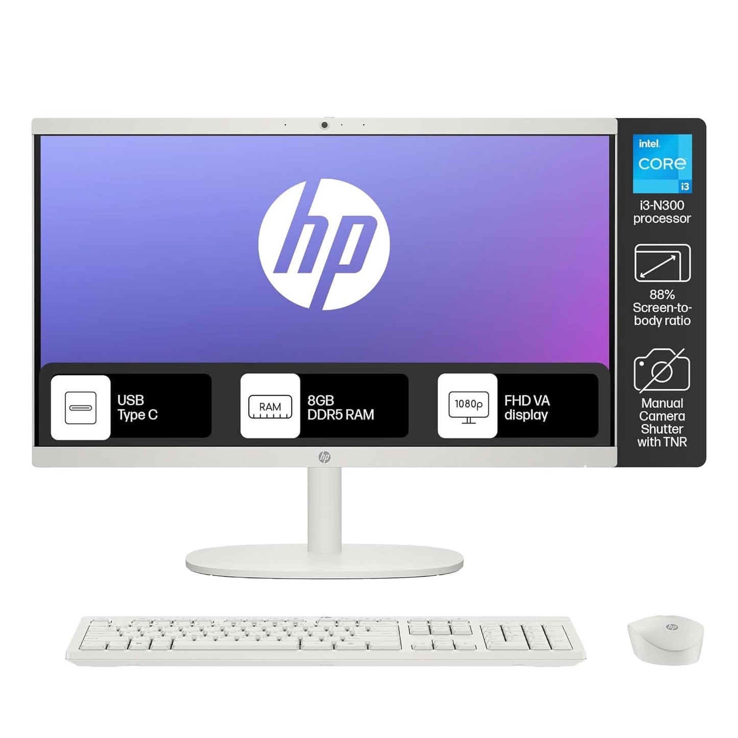 HP ALL-IN-ONE DESKTOP INTEL CORE I3-N300,21.5 INCH(54.5CM),FHD,ANTI-GLARE,8 GB DDR5, 512GB SSD,WHITE WIRELESS KEYBOARD AND MOUSE COMBO,WHITE, WINDOWS 11, 4.17KG,22-DG0786IN