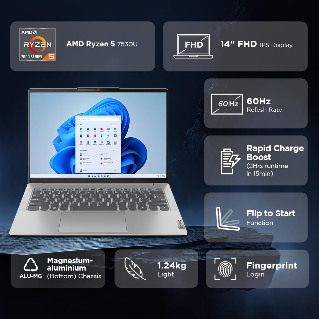 LENOVO IDEAPAD SLIM 5 LIGHT RYZEN 5 7530U 14 INCH (35.5CM) FHD IPS 300 NITS THIN & LIGHT LAPTOP (16GB/512GB SSD/WIN 11/MSO 21/BACKLIT KB/FHD CAMERA/ALEXA/3 MONTH GAME PASS/GREY/1.24KG), 82XS002RIN