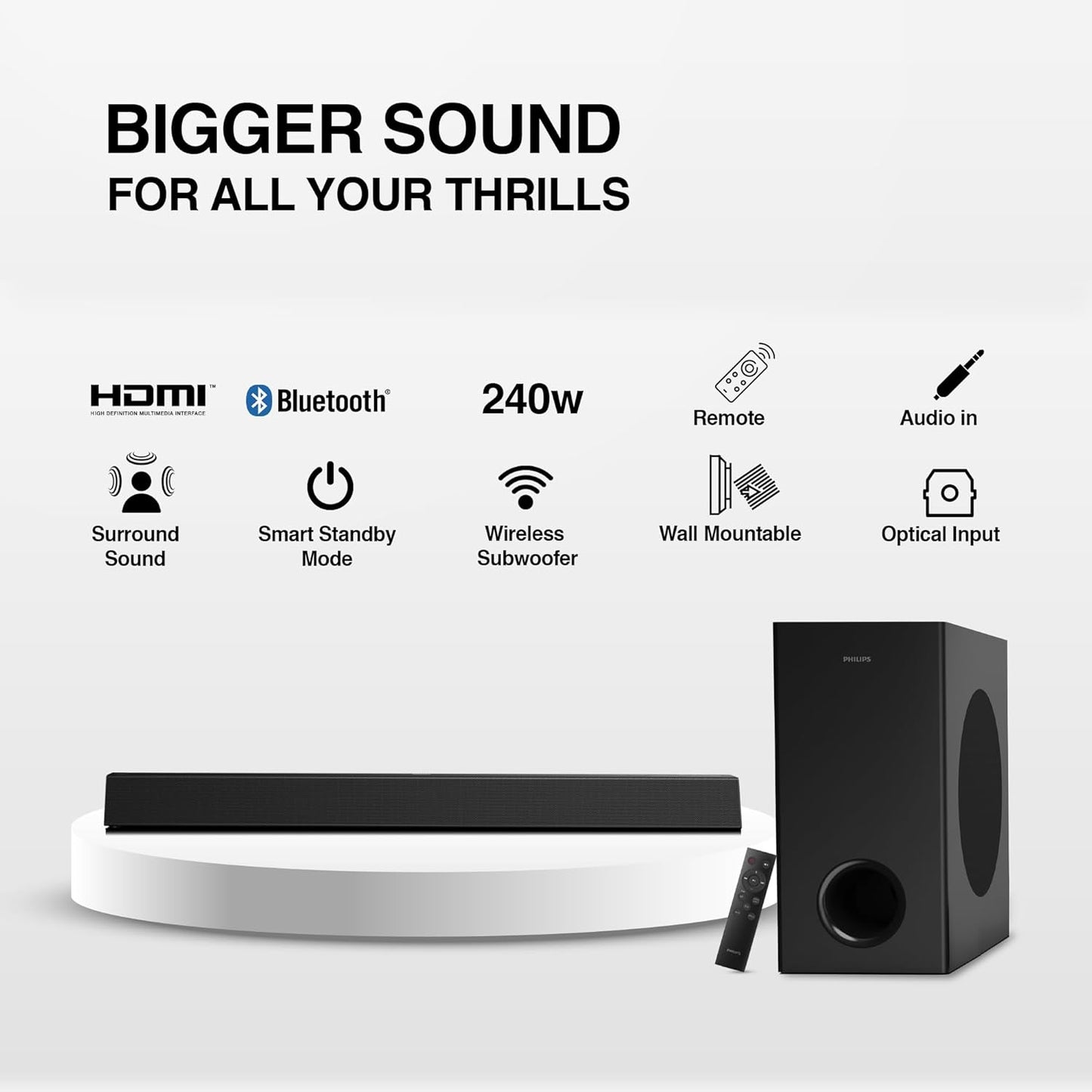 PHILIPS TAB7007 2.1 CH 240W DOLBY DIGITAL PLUS BLUETOOTH SOUNDBAR V5.3 WITH EXTRA BASS, WIRELESS SUBWOOFER, MULTI-CONNECTIVITY OPTION WITH SUPPORTING USB, HDMI, AUX & REMOTE CONTROL (BLACK)