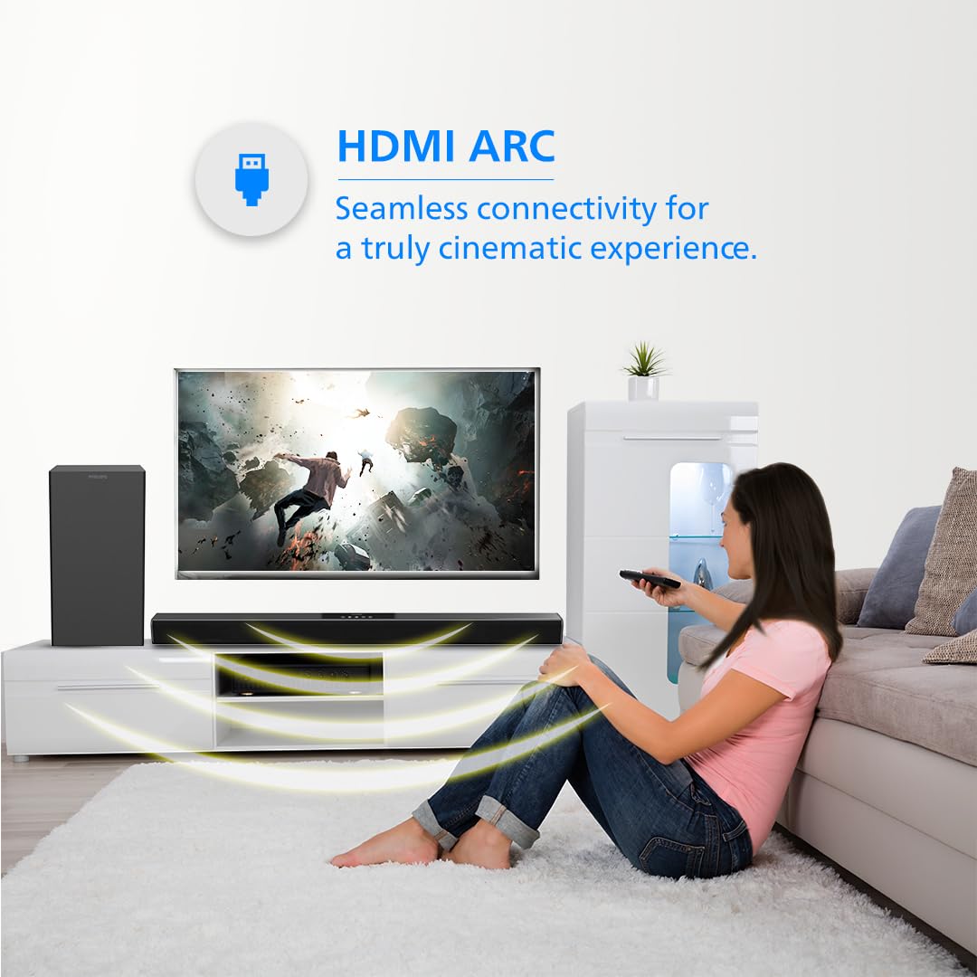 PHILIPS AUDIO TAB4218/94 2.1CH 120W BLUETOOTH SOUNDBAR WITH RICH BASS, 3 EQ MODES, MULTI-CONNECTIVITY OPTION WITH SUPPORTING USB, HDMI(ARC), OPTICAL, COAXIAL & AUX-IN (BLACK)