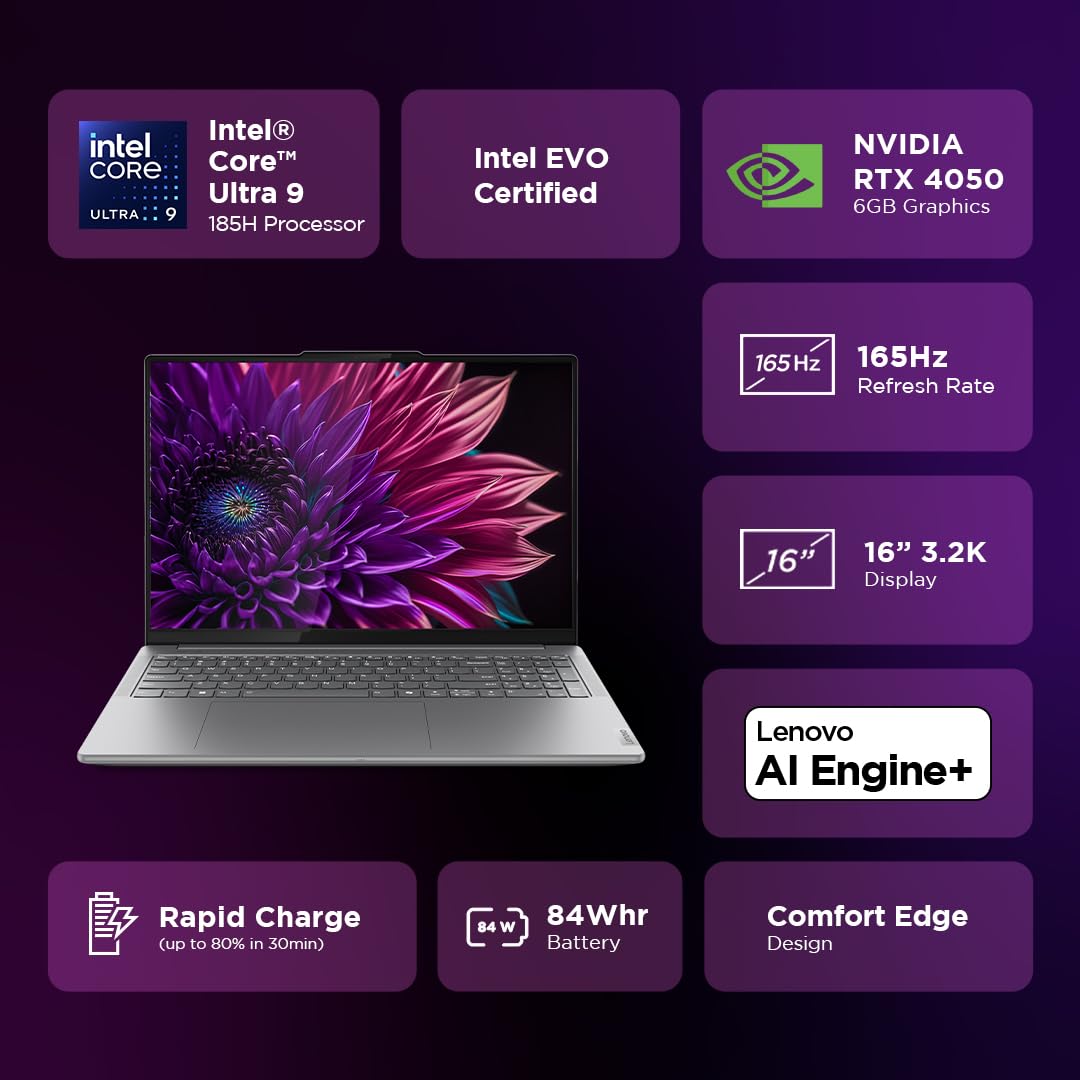 LENOVO YOGA PRO 9 INTEL EVO CORE ULTRA 9 185H BUILT-IN AI 16 INCH(40.6CM) 3.2K IPS 165HZ TOUCHSCREEN LAPTOP (32GB/1TB SSD/NVIDIA RTX 4050 6GB/WIN11/MSO 21/5.0MP+IR CAM/3 MON GAMEPASS/GREY/2KG), 83DN004VIN