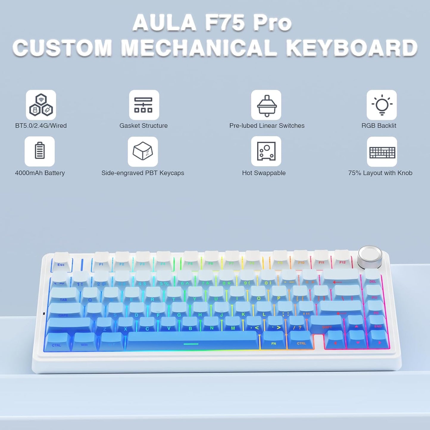 AULA F75 SIDE ENGRAVED MECHANICAL KEYBOARD WHITE + GRADIENT BLUE STAR VECTOR SWITCH