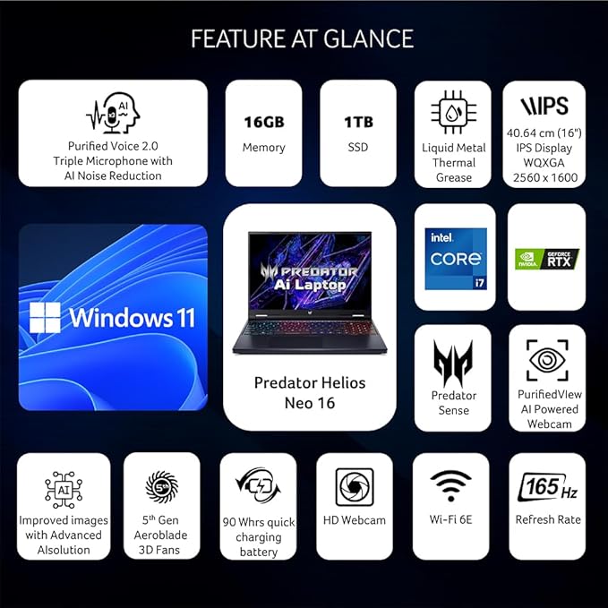 ACER PREDATOR HELIOS NEO 16 14TH GEN INTEL CORE I7-14700HX PROCESSOR LAPTOP (WINDOWS 11 HOME/ 16 GB RAM/512 GB SSD/NVIDIA GEFORCE RTX 4050)PHN16-72 WITH 40.64 CM (16.0 INCH) IPS, BACKLIT KEYBOARD, ABYSSAL BLACK,2.8 KG UN.QNPSI.005
