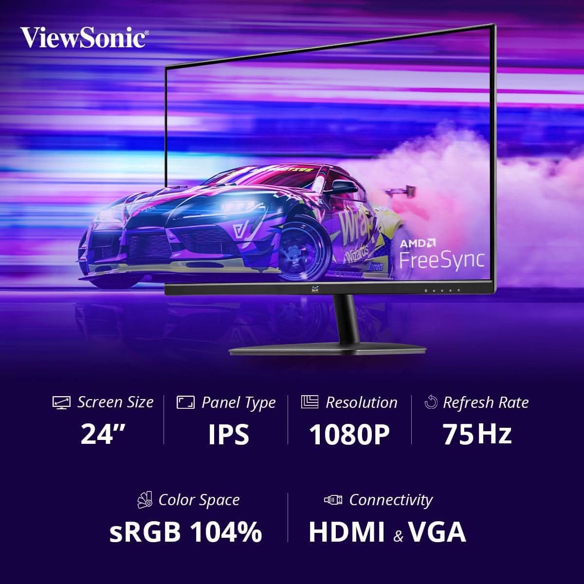 VIEWSONIC 60.96 CM (24") FHD IPS MONITOR FOR HOME AND OFFICE USE, 100 HZ, 1 MS RESPONSE TIME, AMD FREE SYNC, DUAL SPEAKER, WALL MOUNT, BEZEL LESS, EYE-CARE, SRGB104%, HDMI, VA2432-MH
