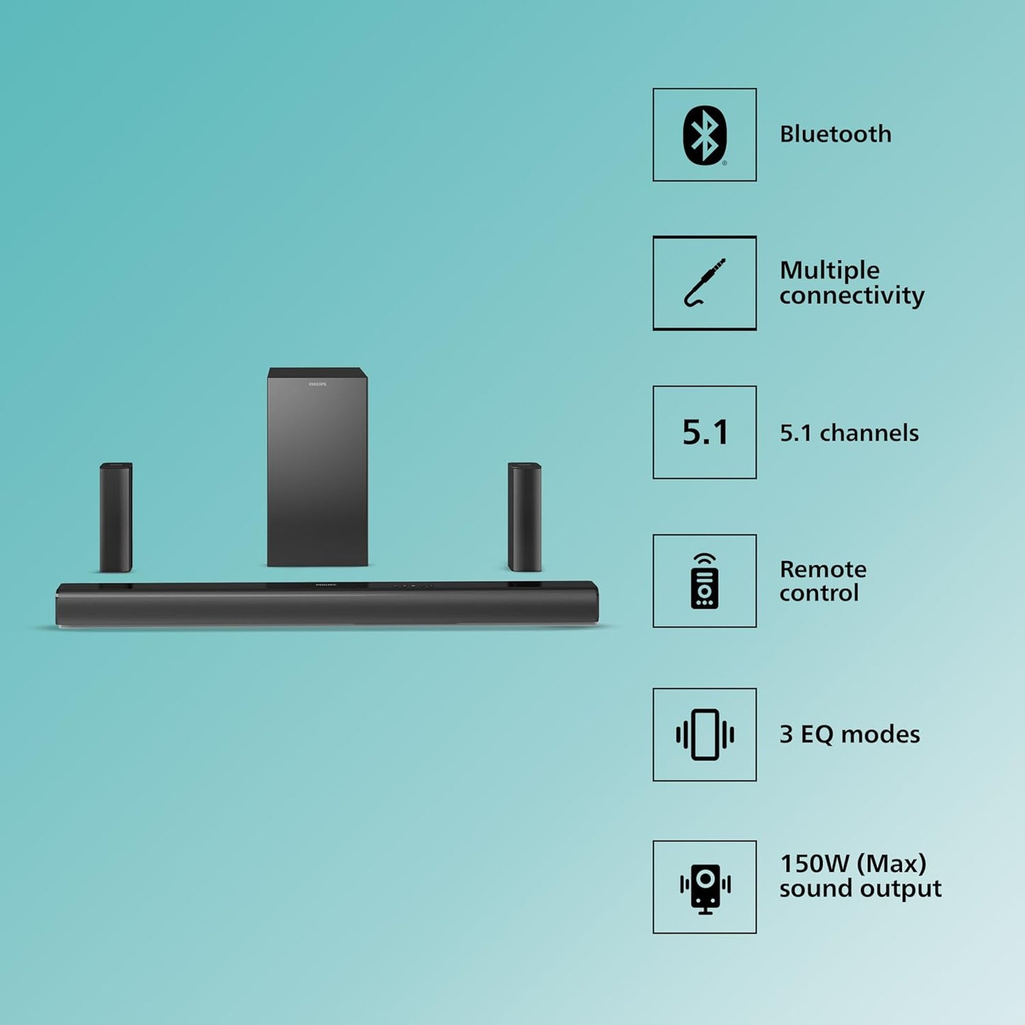 PHILIPS AUDIO TAB4519/94 5.1CH SOUNDBAR WITH WIRELESS SATELLITES AND SUBWOOFER, BASS BOOST, 150W RMS OUTPUT, HDMI ARC, OPTICAL, BLUETOOTH V5.0, WALL MOUNT AND AUX-IN FOR EASY CONNECTION (BLACK)