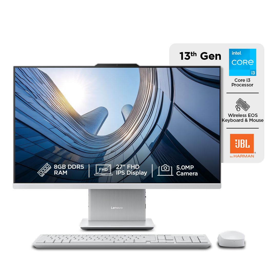 LENOVO IDEACENTRE AIO 13TH GEN CORE I3-1315U 27" FHD IPS (8GB RAM/512GB SSD/WINDOWS11/OFFICE 24/3WX2 HARMAN SPEAKERS/WIRELESS EOS KEYBOARD & MOUSE, CLOUD GREY), F0HM00PKIN ALL-IN-ONE DESKTOP