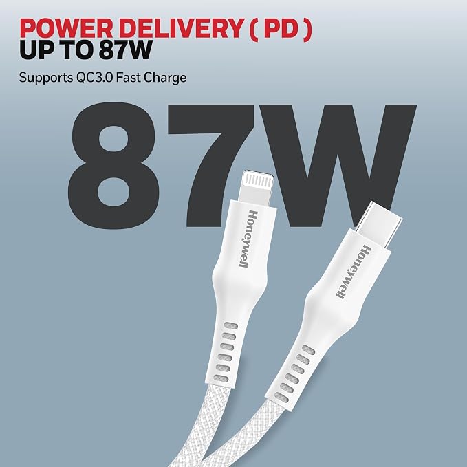 Honeywell Type C to Lightning, 4 Feet (1.2M), Nylon Braided Cable, MFI-certified, QC3.0, PD 87W Support with Max Output 3A, Fast Charge & Sync Cable for iPhone, iPad, AirPods White