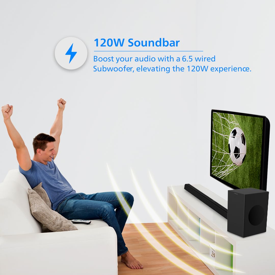 PHILIPS AUDIO TAB4218/94 2.1CH 120W BLUETOOTH SOUNDBAR WITH RICH BASS, 3 EQ MODES, MULTI-CONNECTIVITY OPTION WITH SUPPORTING USB, HDMI(ARC), OPTICAL, COAXIAL & AUX-IN (BLACK)