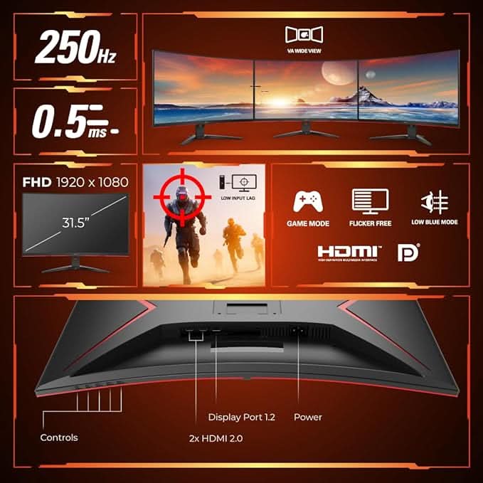 AOC 32 Curved, 1500 R , FHD 1920 x 1080, 250Hz, 0.5ms, 300 cd/m², HDMI 2.0 x2, DP 1.2 x 1, NTSC 105% / sRGB 123% , Flicker Free , Low Blue Mode