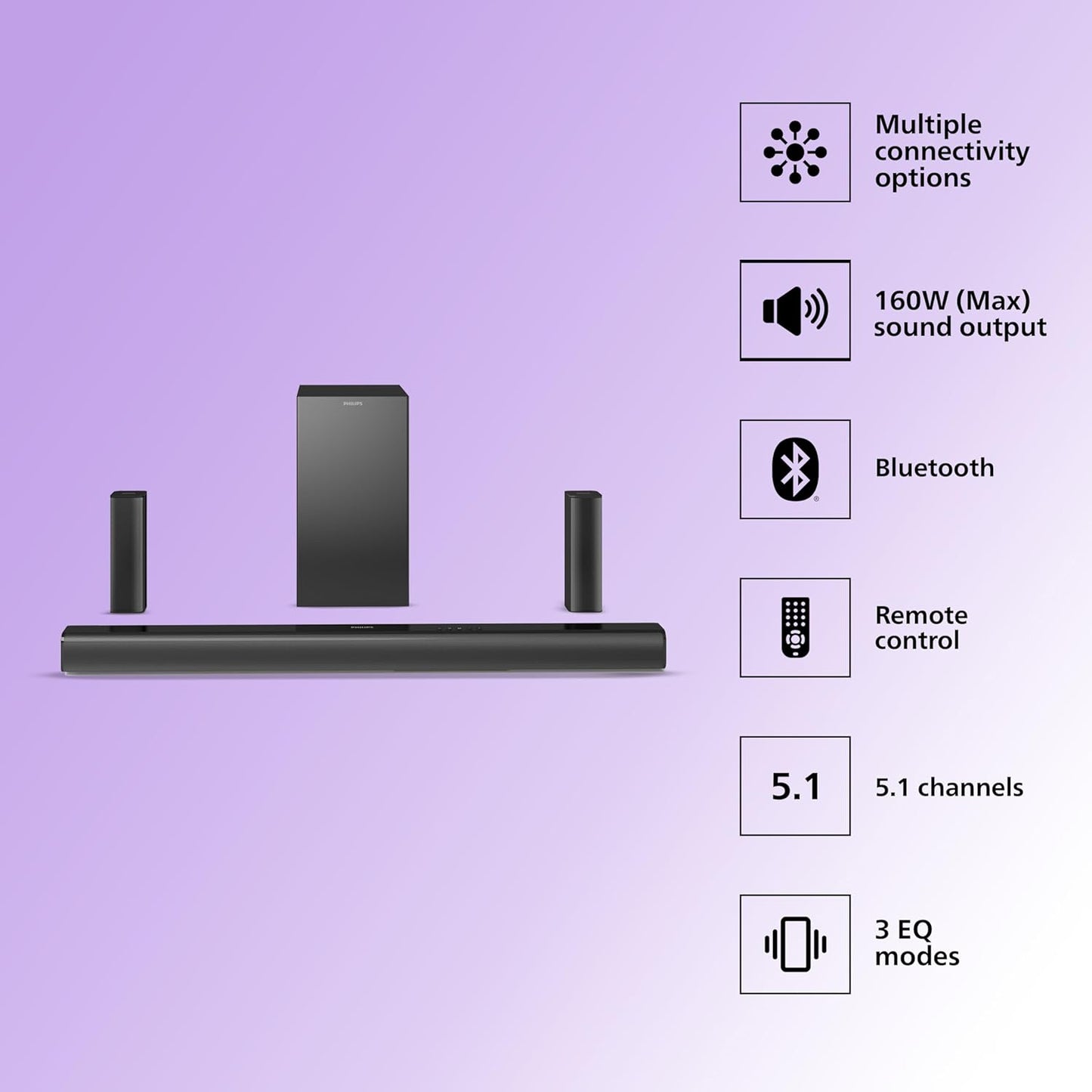 PHILIPS AUDIO TAB4529/94 5.1CH SOUNDBAR WITH WIRELESS SATELLITES AND SUBWOOFER, BASS BOOST, 160W RMS OUTPUT, HDMI ARC, OPTICAL, BLUETOOTH V5.0, WALL MOUNT AND AUX-IN FOR EASY CONNECTION (BLACK)