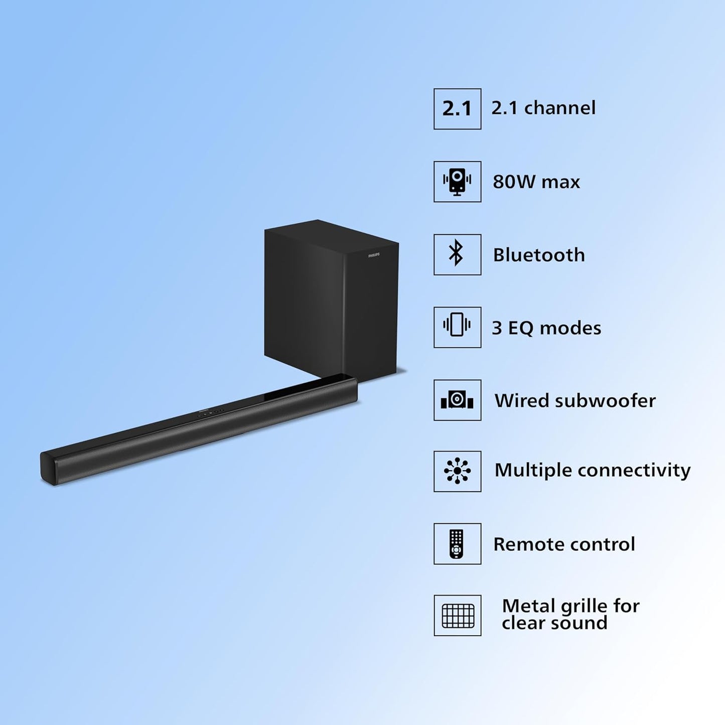 PHILIPS TAB4319 SOUNDBAR: 2.1 CH 80W WIRED SUBWOOFER, POWERFUL BASS EFFECT BLUETOOTH, HDMI ARC & MULTIPLE CONNECTIVITY