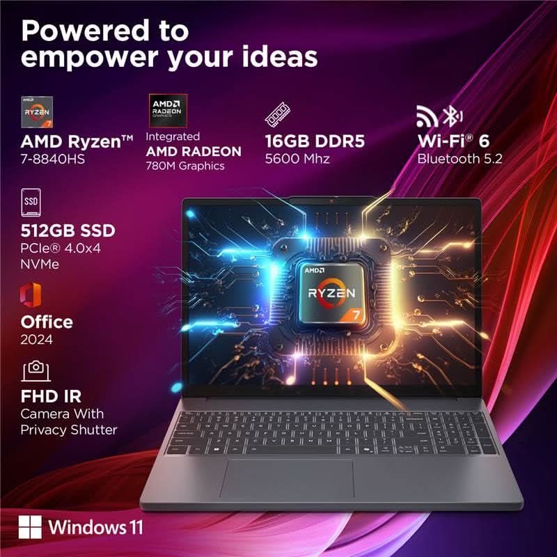 Lenovo IdeaPad Slim 3 AMD Ryzen 7 8840HS, 16GB, 512GB SSD, Integrated AMD Radeon 780M Graphics, 15.3 Inch WUXGA IPS, Win 11, MS Office 2024, Luna Grey, 83KA0048IN