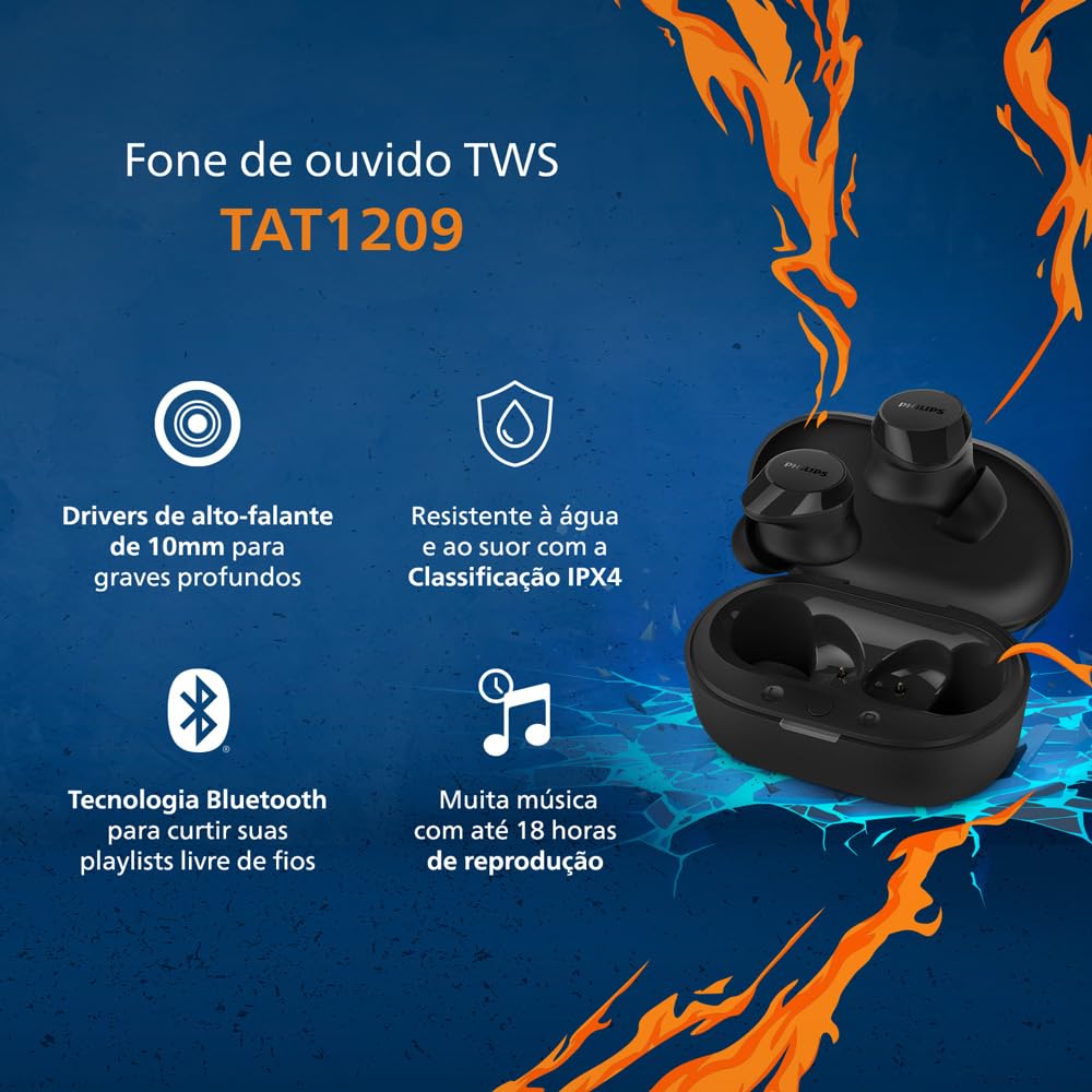 PHILIPS TAT1209BK/00 TRUE WIRELESS EARBUDS, IN-EAR ACTIVE NOISE CANCELLING BLUETOOTH V5.3 EARPHONES WITH MIC, 18H PLAY TIME, SHANK SHAPE, IPX4, TOUCH CONTROLS & CHARGING CASE FOR IPHONE/IPAD (BLACK)