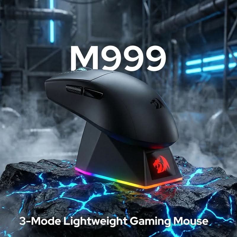 Redragon King Ultra M999 Tri-Mode Wireless Gaming Mouse with Magnetic RGB Charging Dock, 45000 DPI, Black