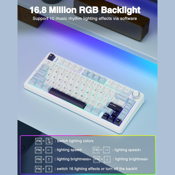 AULA F75 75% WIRELESS MECHANICAL KEYBOARD | HOT SWAPPABLE | PRE-LUBED LINEAR SWITCHES | RGB BACKLIT | 2.4GHZ/TYPE-C/BLUETOOTH GAMING KEYBOARD (ICE BLUE, ICE VEIN SWITCH)