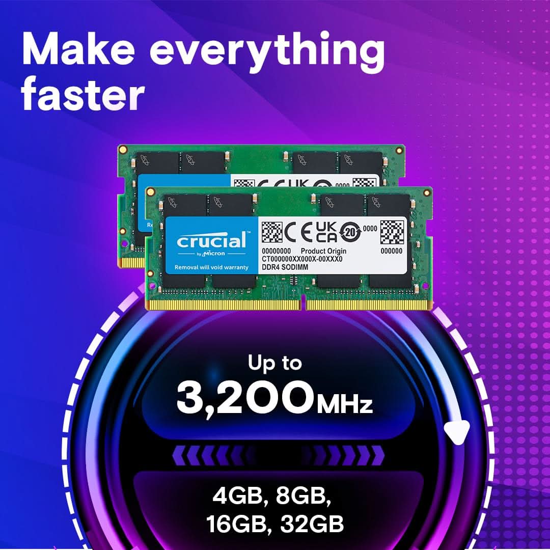 CRUCIAL 32GB DDR4-3200MHZ LAPTOP CL22 (16GBIT) RAM CT32G4SFD832A