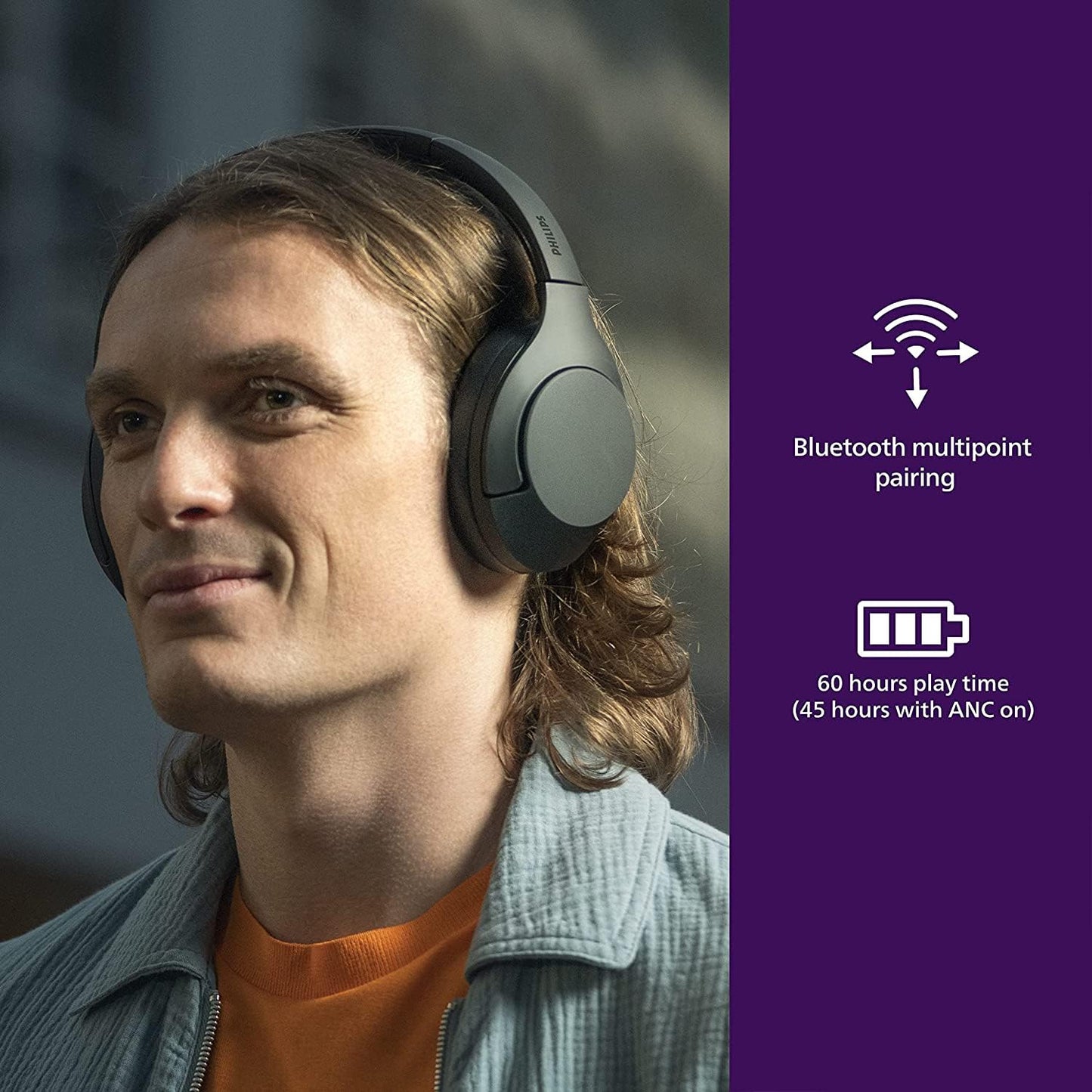 PHILIPS AWARD WINNING WIRELESS ON EAR HEADPHONES TAH8506BK, SLEEK DESIGN WITH NOISE CANCELLATION PRO, UPTO 60 HRS OF PLAY TIME, TOUCH CONTROL (BLACK), SENSITIVITY: 96 DB (1K HZ)
