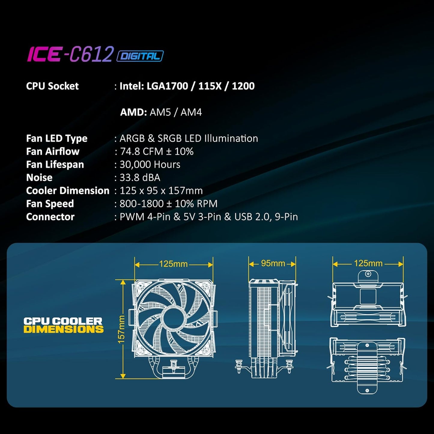 ANT ESPORTS ICE-C612 DIGITAL ARGB 120MM CPU AIR COOLER